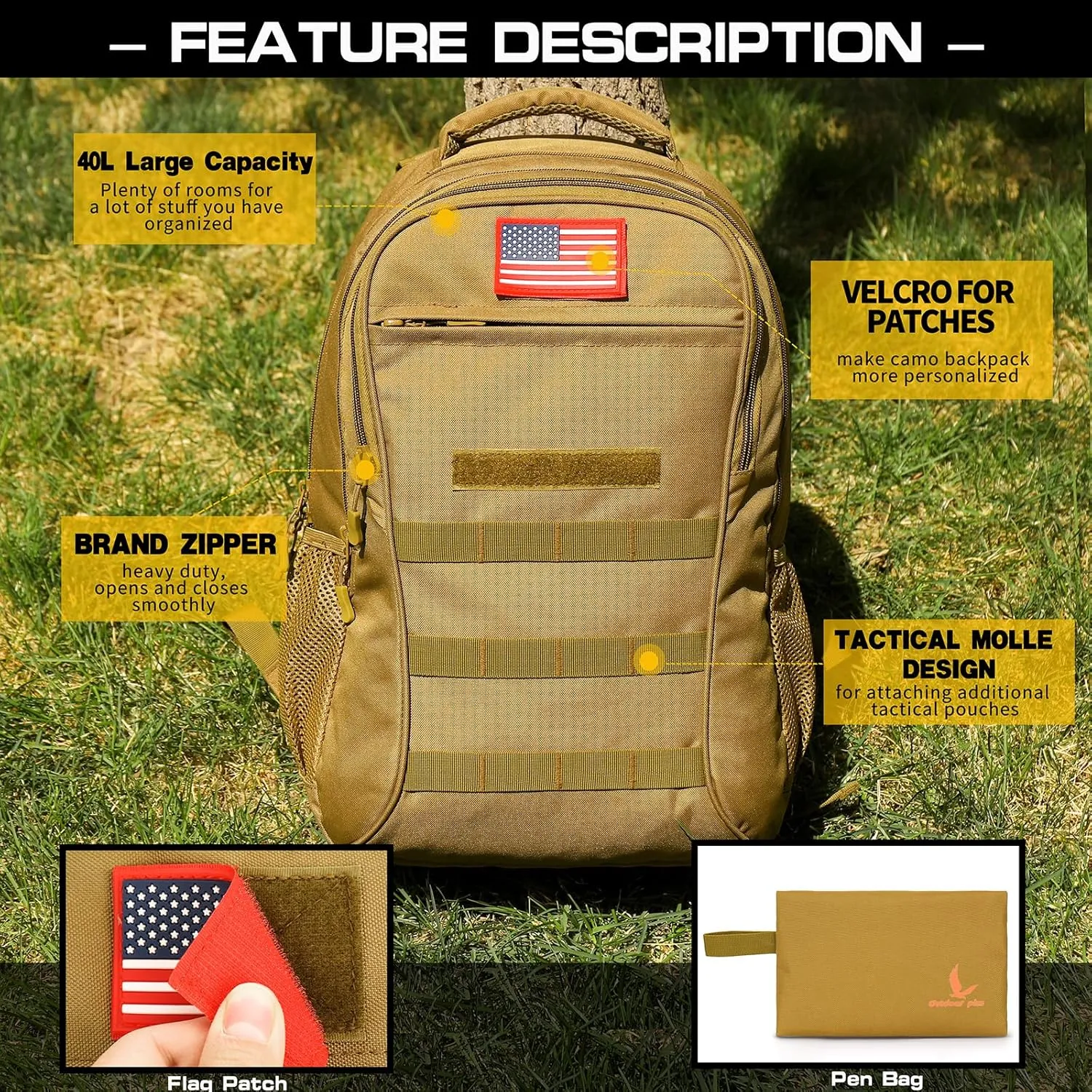 outdoor plus Camo Backpack for School,30L/40L Military Boys Backpack for Elementary Middle School, Army Day Pack for Outdoor