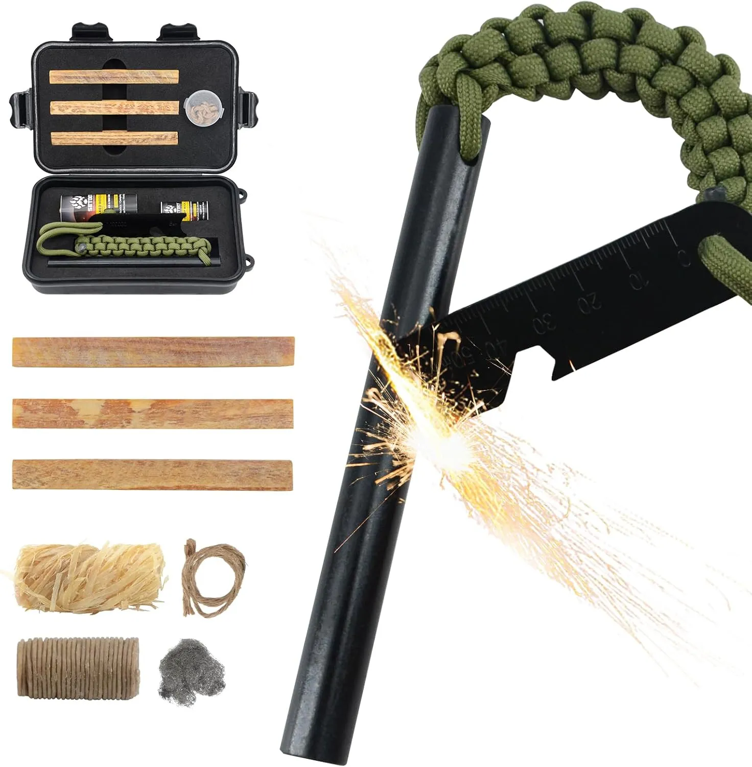 Oversized Survival Ferrocerium, Drilled Flint Fire Starter, 550 Paracord Handle, 25,000  Sparks with EVA Case