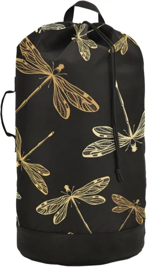 Oyihfvs Golden Dragonflies On Back Backpack Laundry Bag, Laundry Backpack with Shoulder Straps, Waterproof Nylon Clothes Hamper Bag for Men Women Yoga Backpack