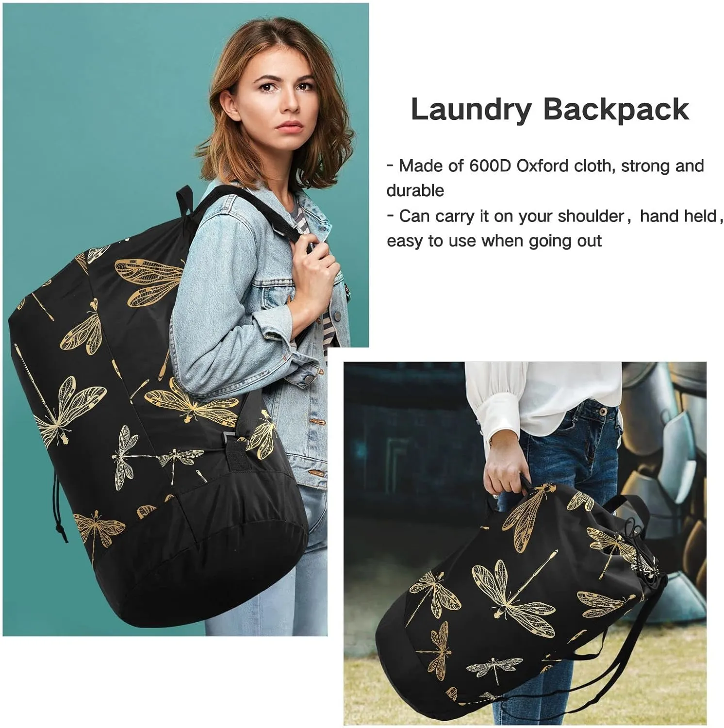 Oyihfvs Golden Dragonflies On Back Backpack Laundry Bag, Laundry Backpack with Shoulder Straps, Waterproof Nylon Clothes Hamper Bag for Men Women Yoga Backpack