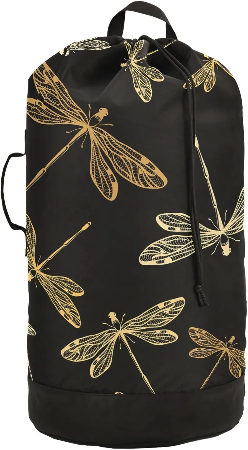 Oyihfvs Golden Dragonflies On Back Backpack Laundry Bag, Laundry Backpack with Shoulder Straps, Waterproof Nylon Clothes Hamper Bag for Men Women Yoga Backpack