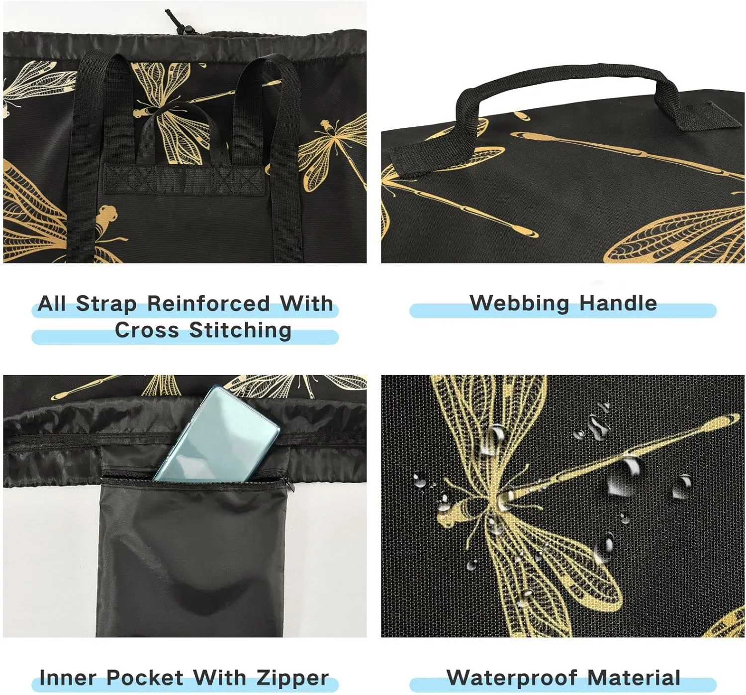Oyihfvs Golden Dragonflies On Back Backpack Laundry Bag, Laundry Backpack with Shoulder Straps, Waterproof Nylon Clothes Hamper Bag for Men Women Yoga Backpack