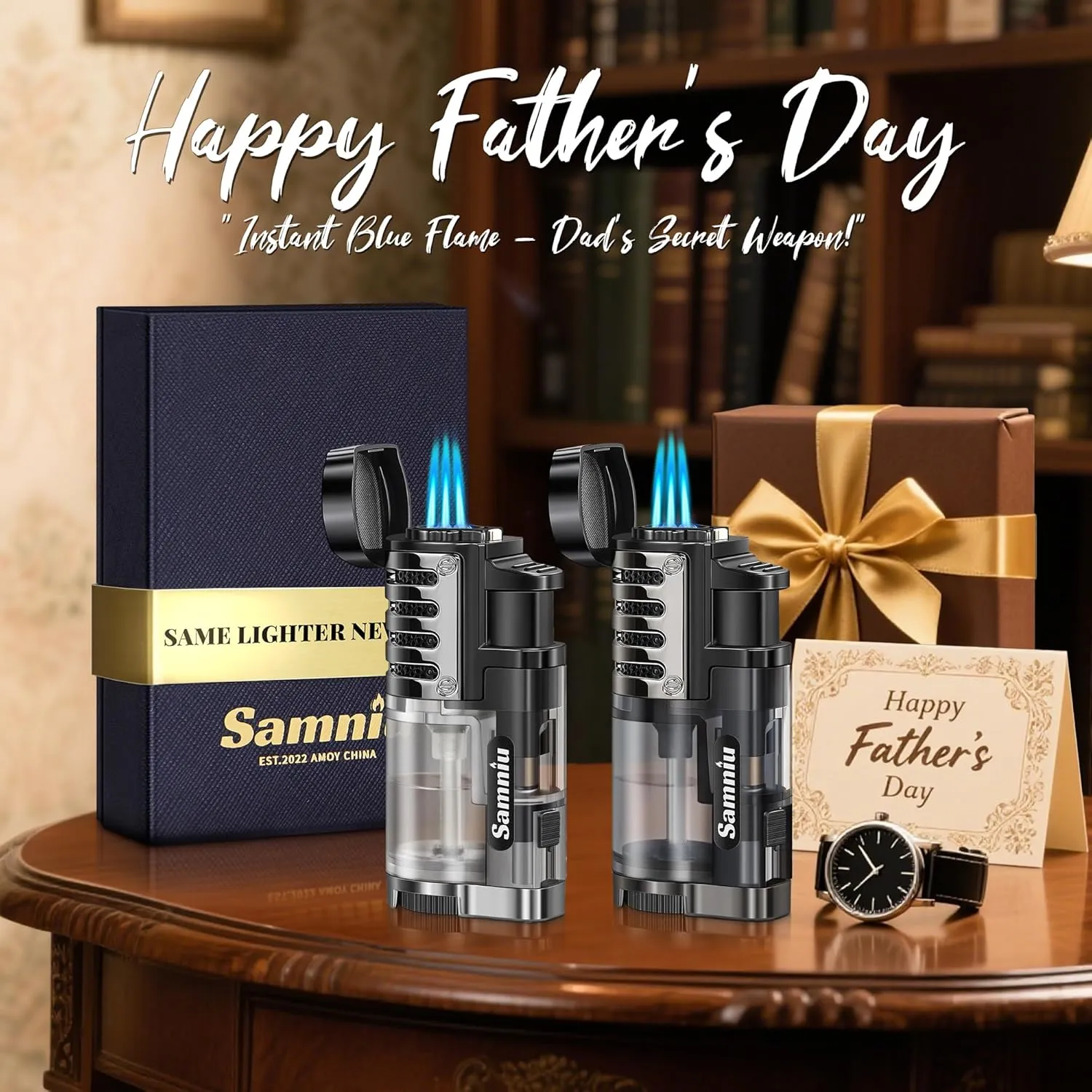 Pack of 2 Torch Lighter, Triple Jet Flames, Visible Gas Tank, Windproof Butane Refill Pocket Lighters for Candle, Men’s Gift (Gas not Included)