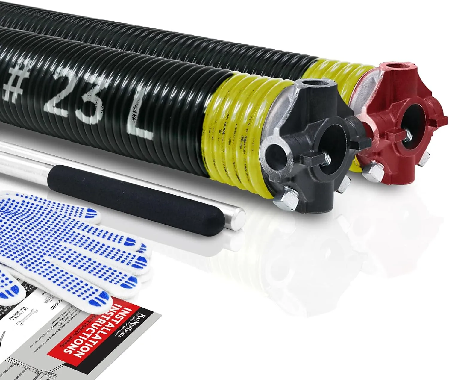 Pair of 2" Garage Door Torsion Springs Set with Non-Slip Winding Bars & Gloves, Precision Electrophoresis Black Coated Without Oil, for Replacement & Installation, MIN 16,000 Cycles(0.207x2''x23'')