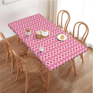 Pale Pink Elastic Fitted Tablecloths, Flower Petals on Square Striped Girls Wooden Boards Oil Proof Waterproof Tablecloth for Picnic Party Abstract Fits up 4 Foot Tables