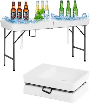 Party Ice Cooler Folding Table，5 feet Portable Camp Fishing Cleaning Table Ice Table for Party BBQ Camping Picnic Keeping Fish and Food Cold (White)
