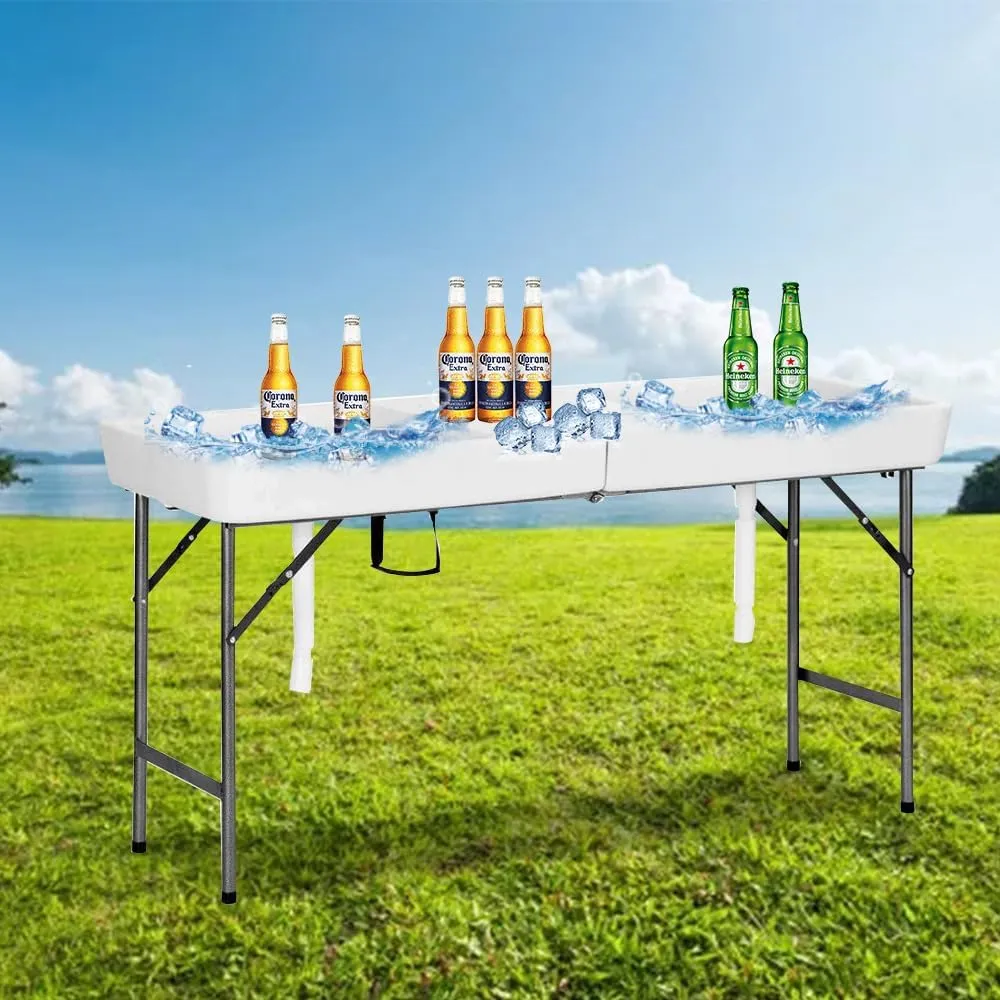 Party Ice Cooler Folding Table，5 feet Portable Camp Fishing Cleaning Table Ice Table for Party BBQ Camping Picnic Keeping Fish and Food Cold (White)