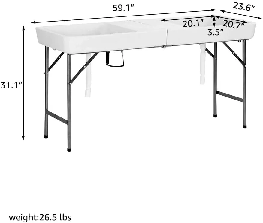 Party Ice Cooler Folding Table，5 feet Portable Camp Fishing Cleaning Table Ice Table for Party BBQ Camping Picnic Keeping Fish and Food Cold (White)