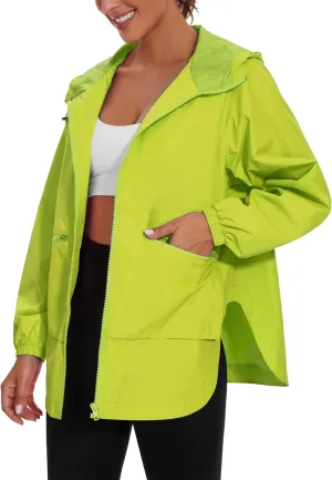 PESION Womens Waterproof Raincoat Lightweight Rain Jacket Trench Coat Hooded Windbreaker With Pockets for Outdoor