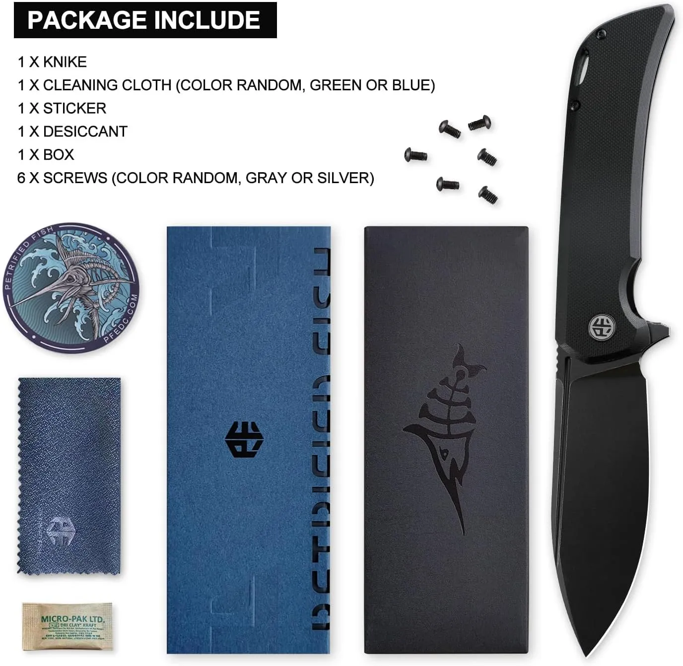 Petrified fish PFB05 Tunny Folding Knife,3.86" 14C28N Steel Satin Blade G10 Handle Folding knife for EDC Camping Outdoor (Black Black Stonewashed)