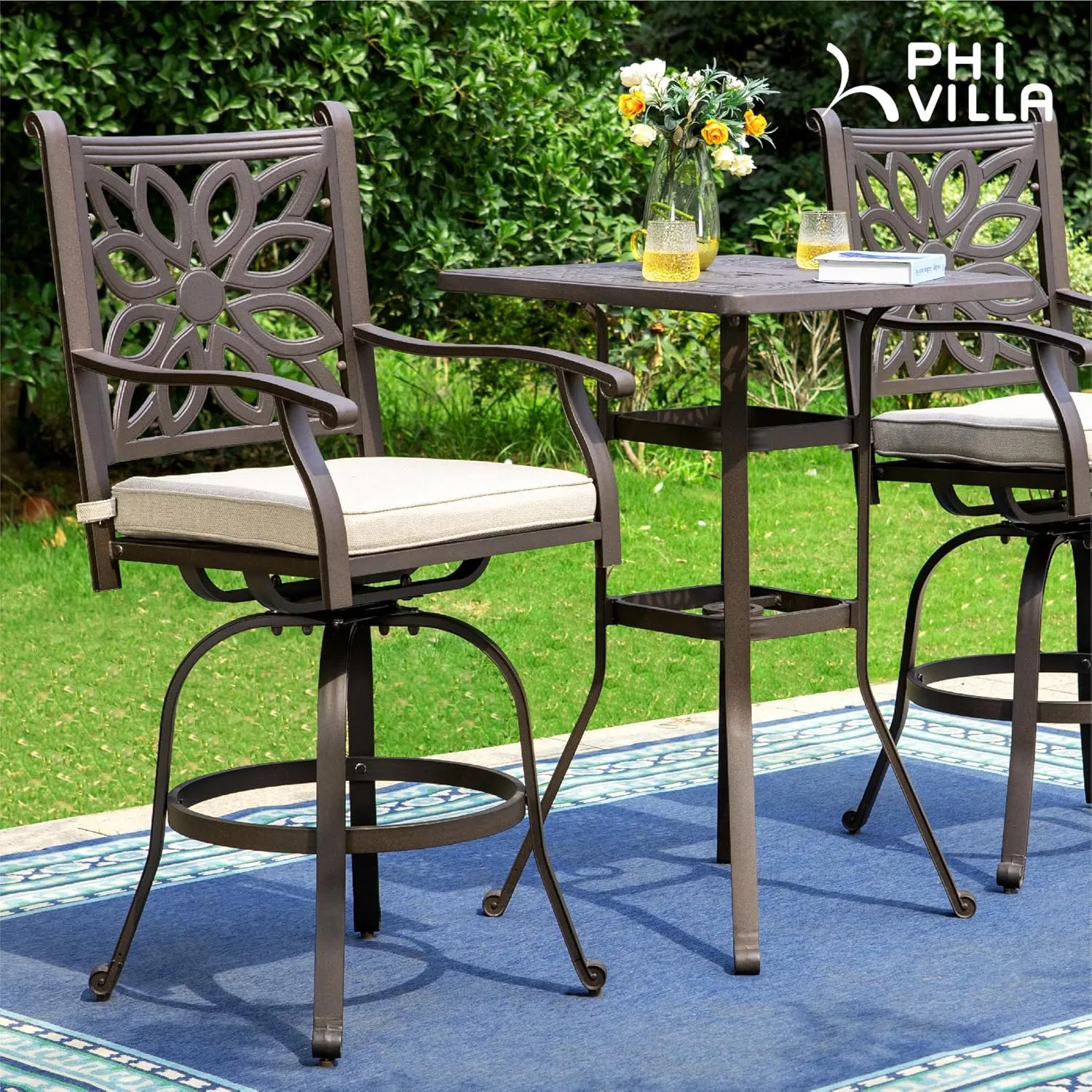 PHI VILLA Cast Aluminum Outdoor Patio Bar Tables, Outdoor Frosted Surface Square Bar Height Bistro Table - 42" Pub Height