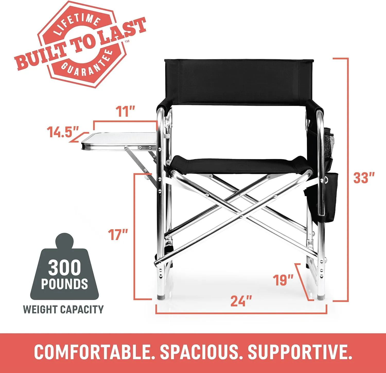 PICNIC TIME Sports Chair with Side Table, Beach Chair, Camp Chair for Adults, Camping Chair, (Burgundy)