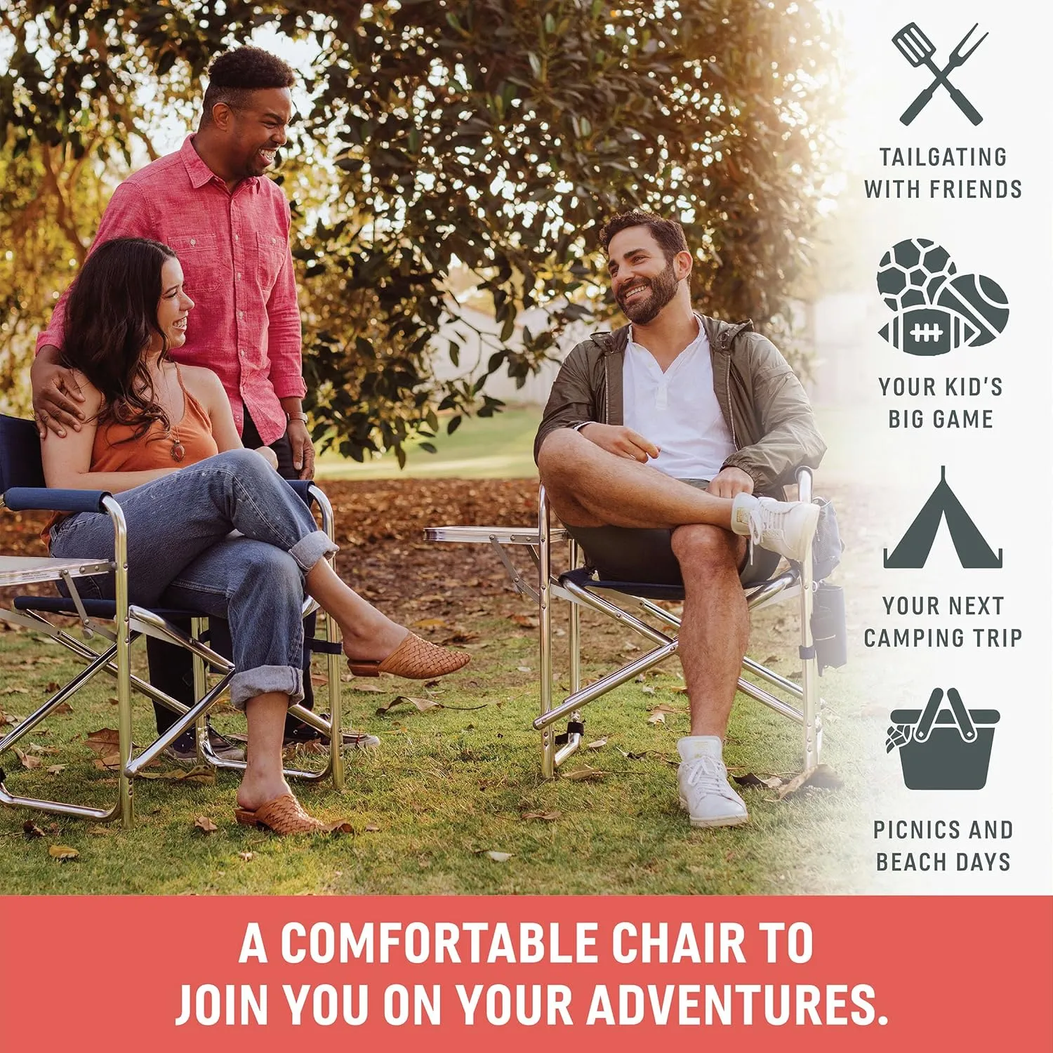 PICNIC TIME Sports Chair with Side Table, Beach Chair, Camp Chair for Adults, Camping Chair, (Burgundy)