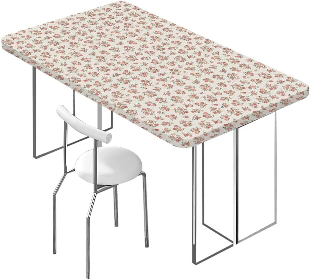 Pink and Red White Elastic Edge Fitted Tablecloth, Retro Ornamental Bouquet Blossom Rectangle Table Cover for Outdoor Picnic Camping Parties Floral Fits up 5 Foot Tables