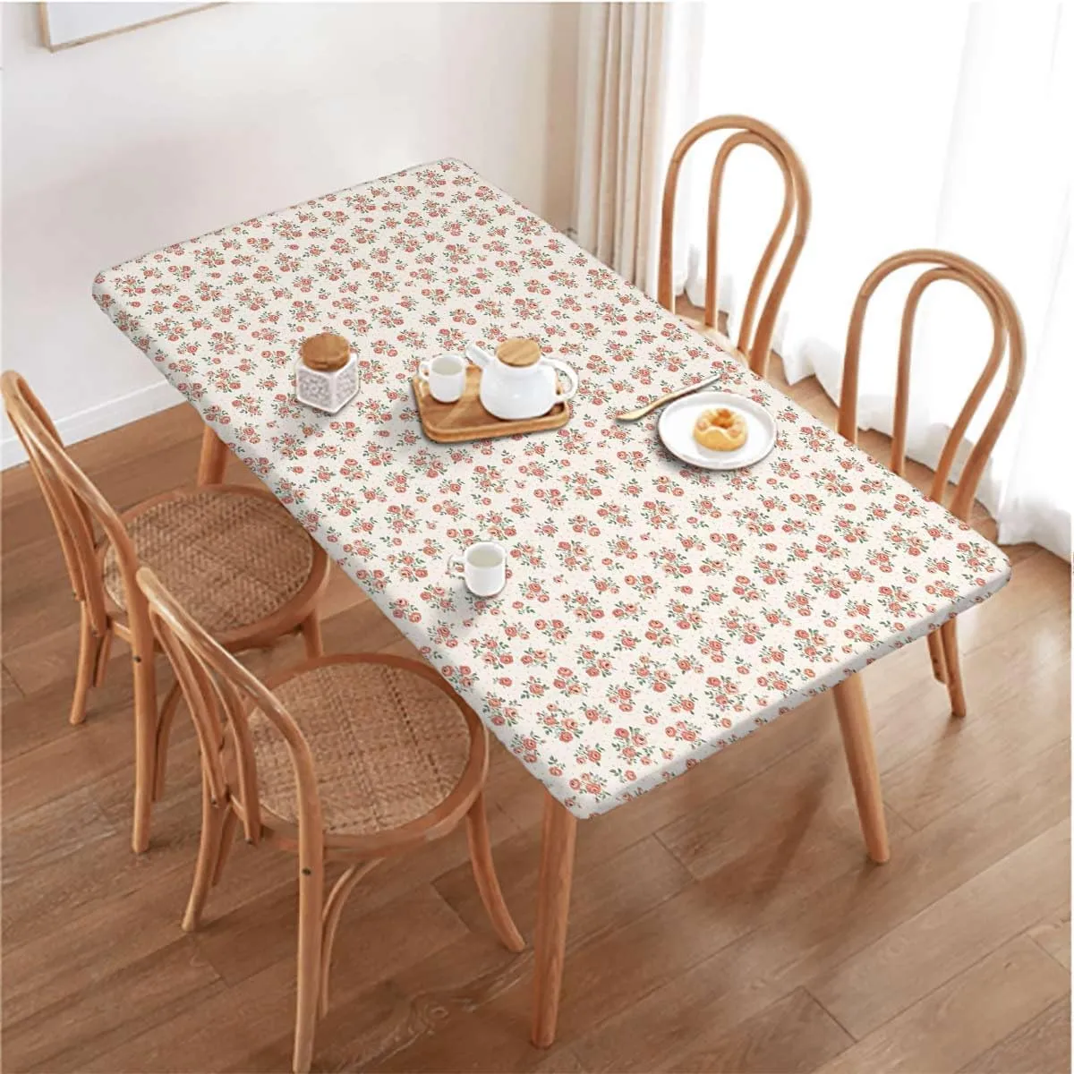 Pink and Red White Elastic Edge Fitted Tablecloth, Retro Ornamental Bouquet Blossom Rectangle Table Cover for Outdoor Picnic Camping Parties Floral Fits up 5 Foot Tables