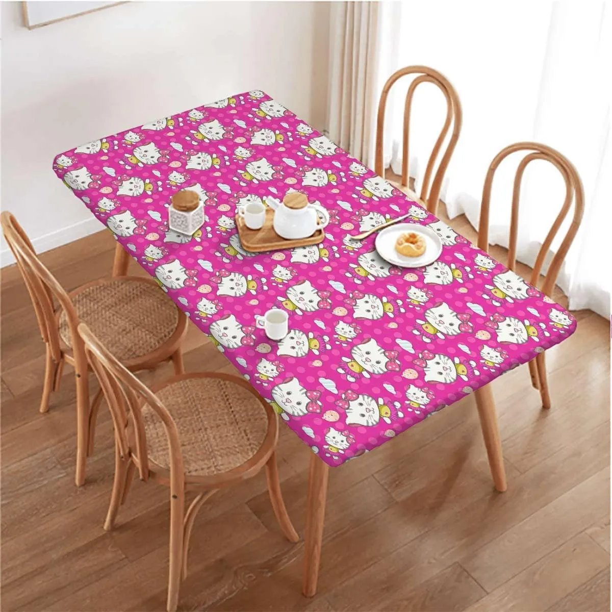 Pink Elastic Tablecloth for Indoors Outdoors Pattern with Animal On a Pink Background Tablecloth Elastic Edge Fitted Table Cover Leaves Cartoon Decor Fits up 5 Foot Tables