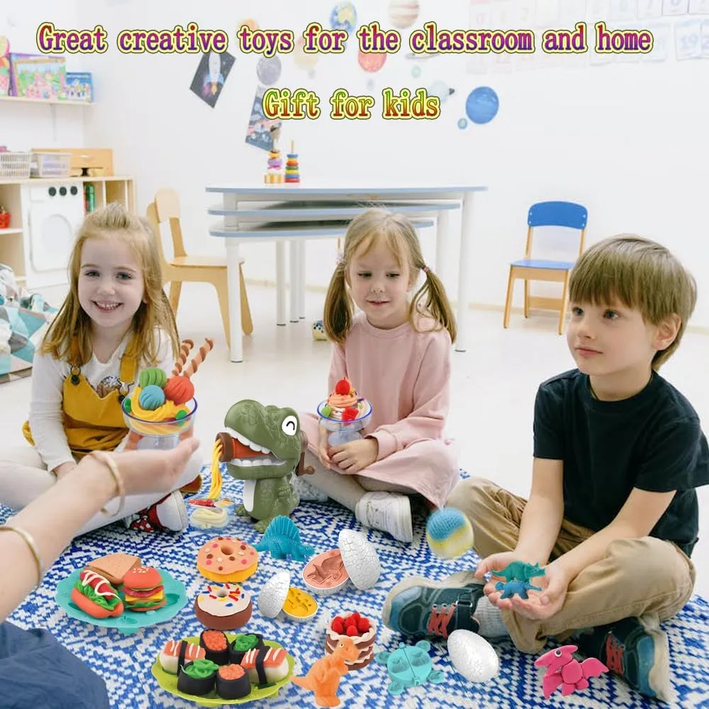 Play Dough Sets for Kids 2-4, Dinosaur Noodle Maker Toy, Playdoh Set with Dinosaur Modle Eggs, Kitchen Toy Playdough Clay for Making Noodle Cookies, Gift for 3 4 5 6 7 8 Year Old Girls Boys