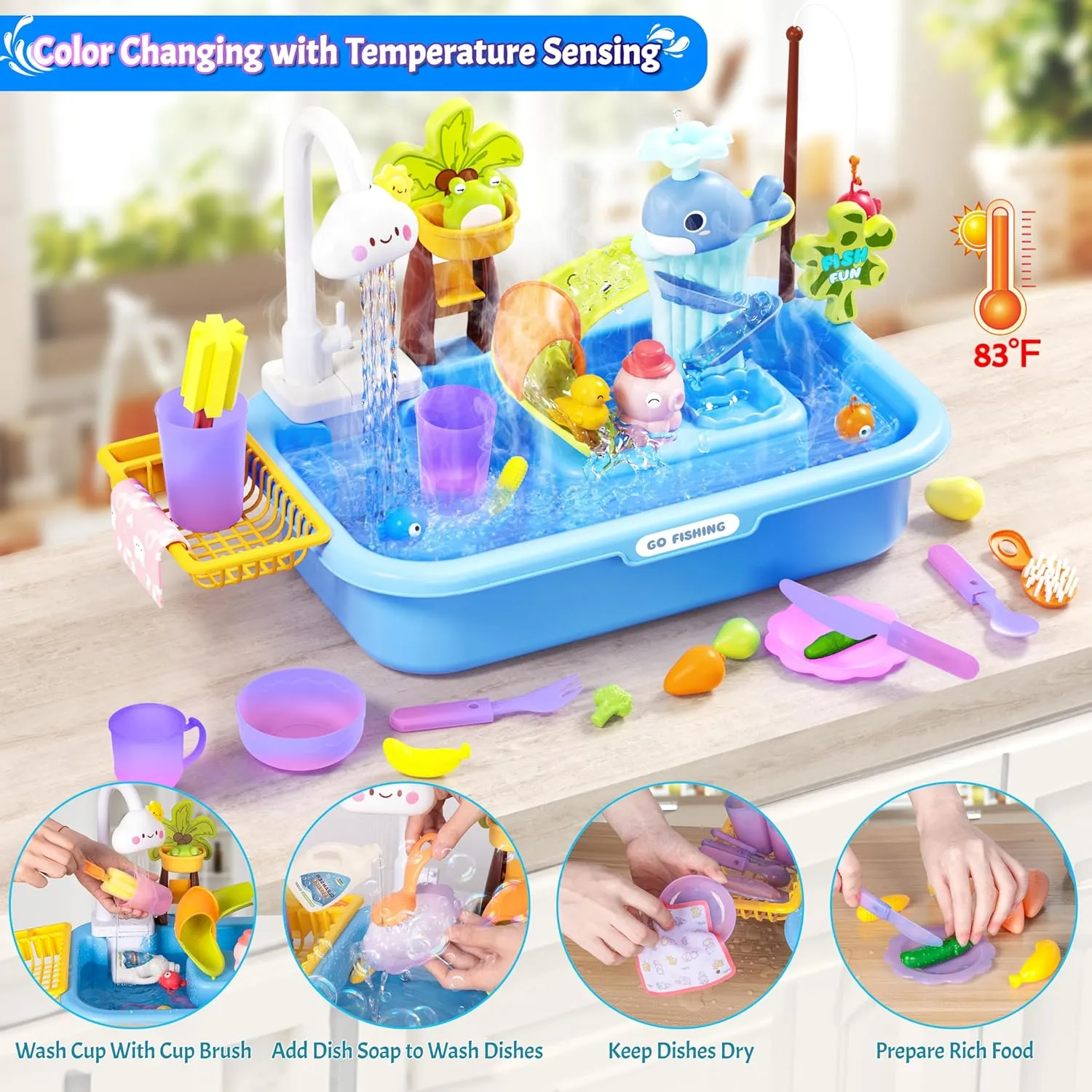 Play Sink with Running Water, Color Changing Play Sink with Upgraded Electric Faucet & Pump, Water Table for Toddlers 1-3, Pretend Play Kitchen Sink & Summer Water Toys for Boys Girls, Blue