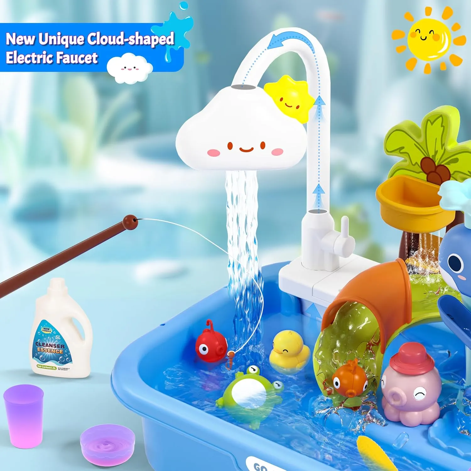 Play Sink with Running Water, Color Changing Play Sink with Upgraded Electric Faucet & Pump, Water Table for Toddlers 1-3, Pretend Play Kitchen Sink & Summer Water Toys for Boys Girls, Blue