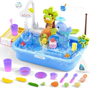 Play Sink with Running Water, Color Changing Play Sink with Upgraded Electric Faucet & Pump, Water Table for Toddlers 1-3, Pretend Play Kitchen Sink & Summer Water Toys for Boys Girls, Blue