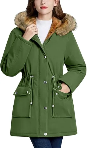 Plus Size Coats for Women with Fur Hood Waterproof Fleece Rain Jackets Drawstring Zipper Raincoats with Pockets