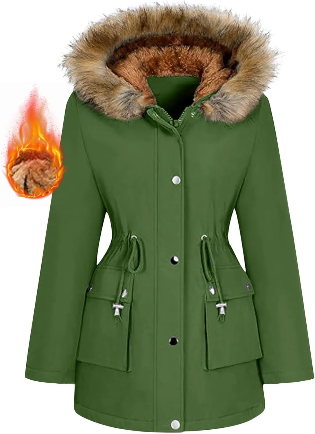Plus Size Coats for Women with Fur Hood Waterproof Fleece Rain Jackets Drawstring Zipper Raincoats with Pockets