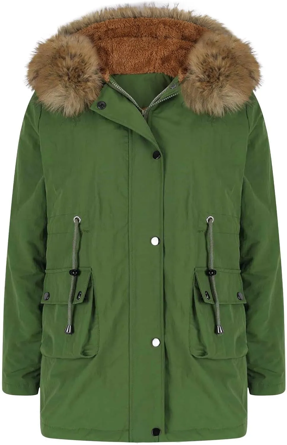 Plus Size Coats for Women with Fur Hood Waterproof Fleece Rain Jackets Drawstring Zipper Raincoats with Pockets