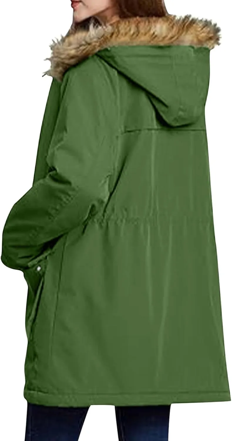 Plus Size Coats for Women with Fur Hood Waterproof Fleece Rain Jackets Drawstring Zipper Raincoats with Pockets