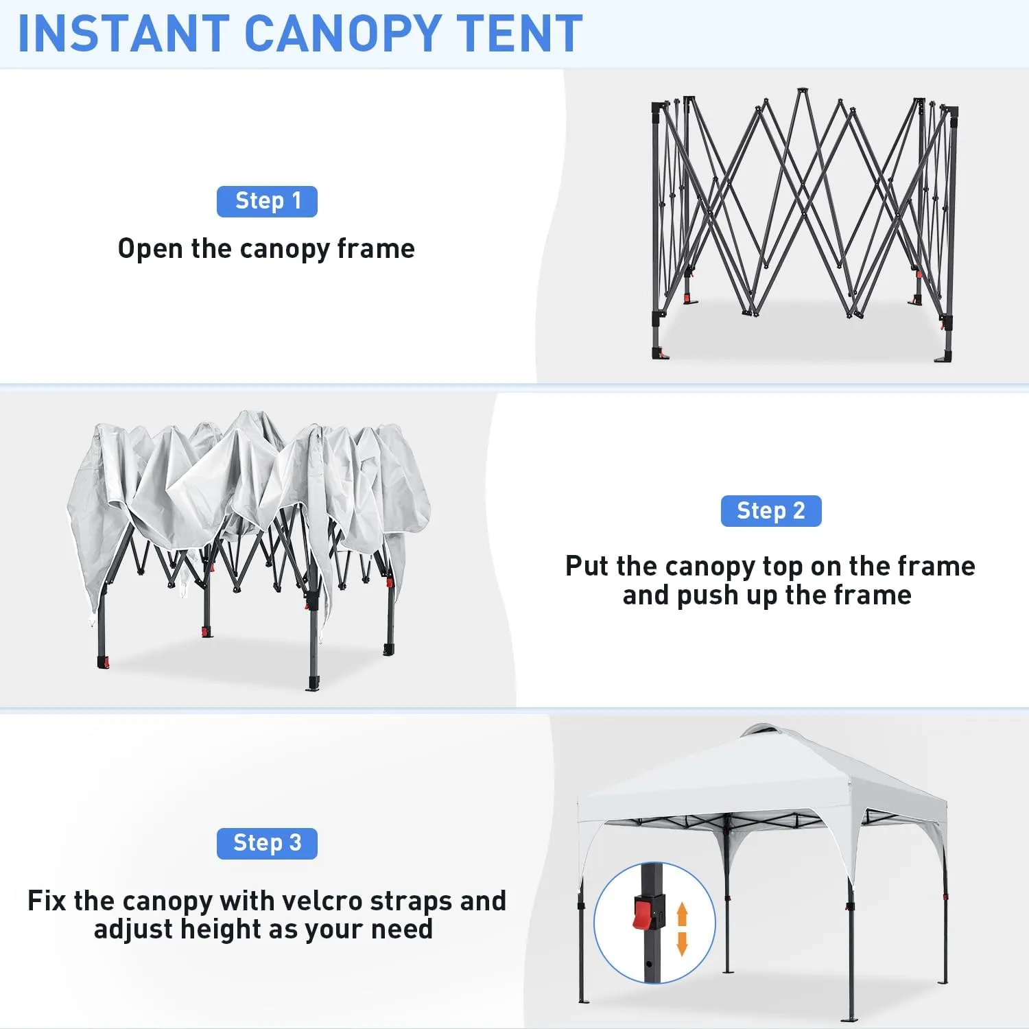 Pop Up Canopy, 10x10 FT Instant Outdoor Canopy Tent with Carrying Bag, 3 Adjustable Heights - Portable for Event, Parties, Camping and More Outdoor Activities