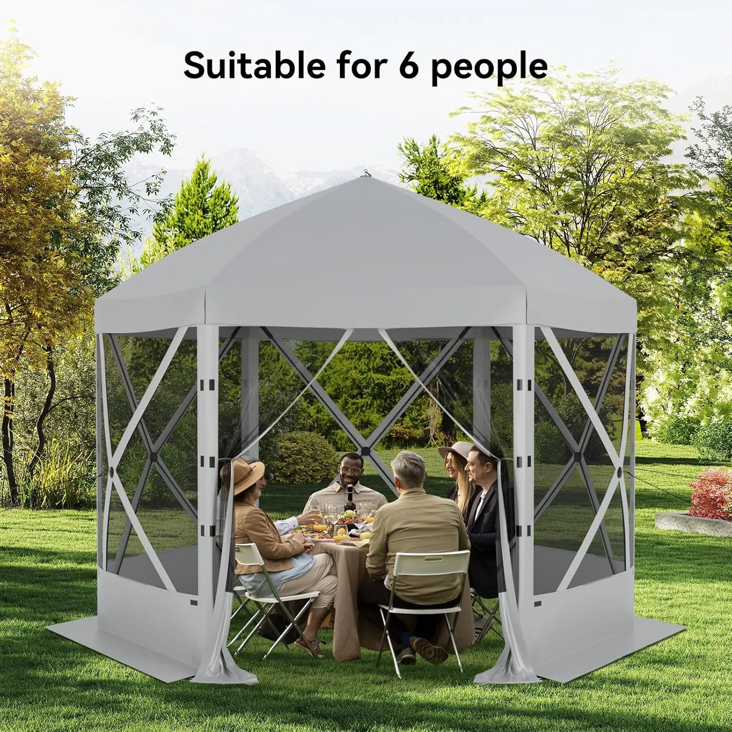 Pop Up Canopy Tent 6 Person Instant 10 x 10 ft Outdoor Mesh Screen Camping Gazebo Portable Shelter with Portable Carry Bag for Outdoor Camping, Beach, Picnic, Lawn and Backyard, Gray