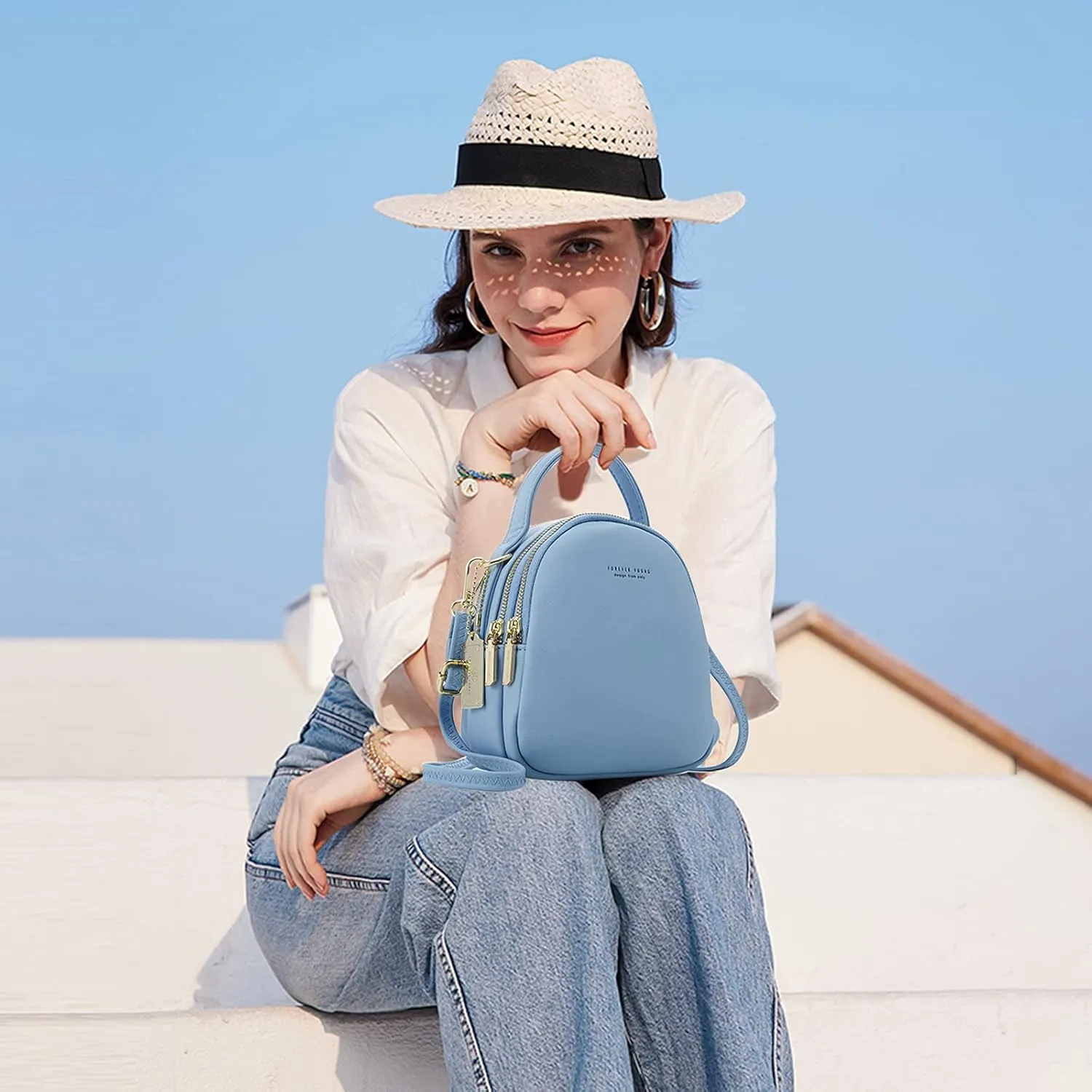 PORRASSO Mini Backpack Women Fashion Handbag Waterproof Cross-body Bag with Earphone Hole Ladies Leather Daypack Dating Travel Small Rucksack Blue