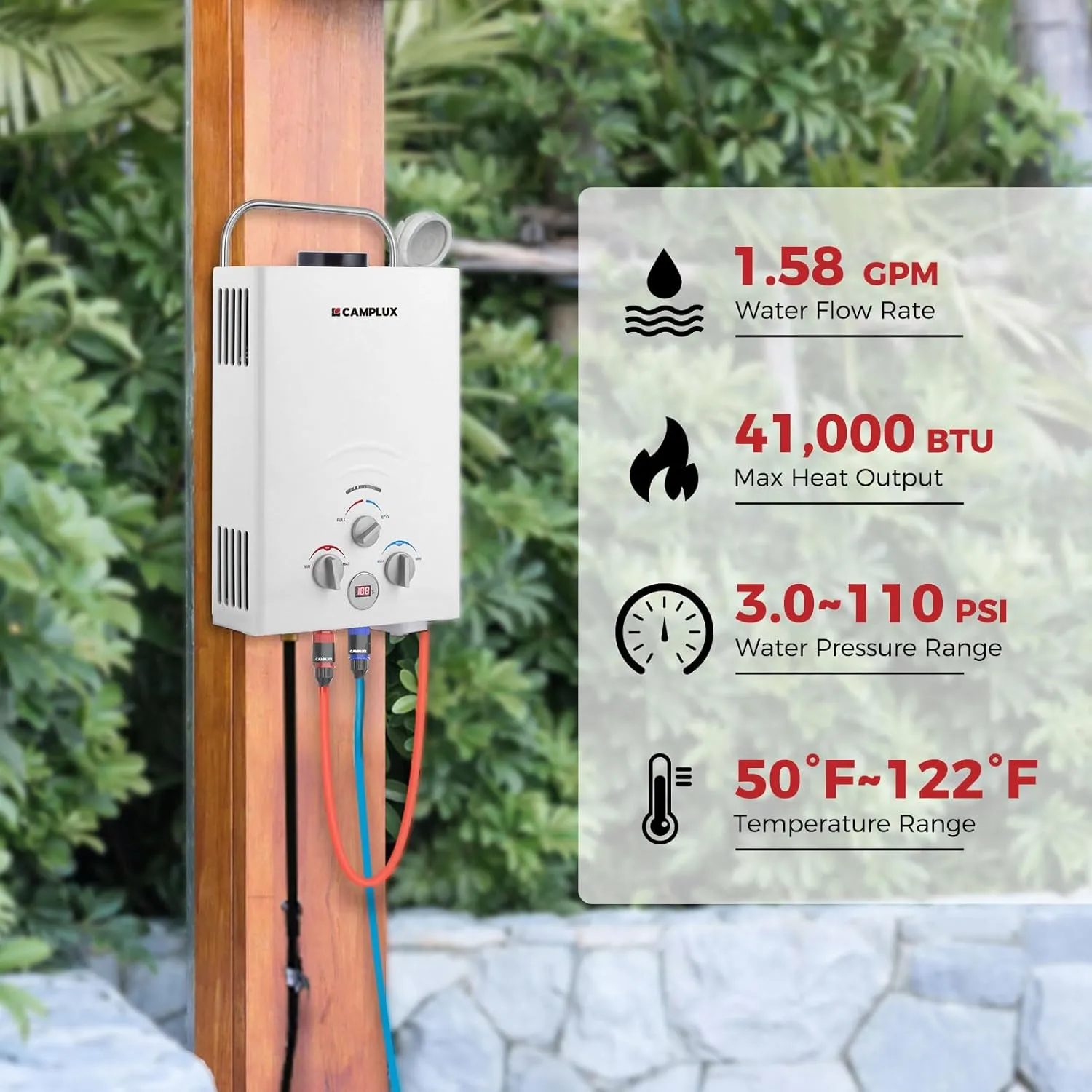 Portable Camplux Propane 1.58 GPM Tankless Gas, On Demand Water Heater, White
