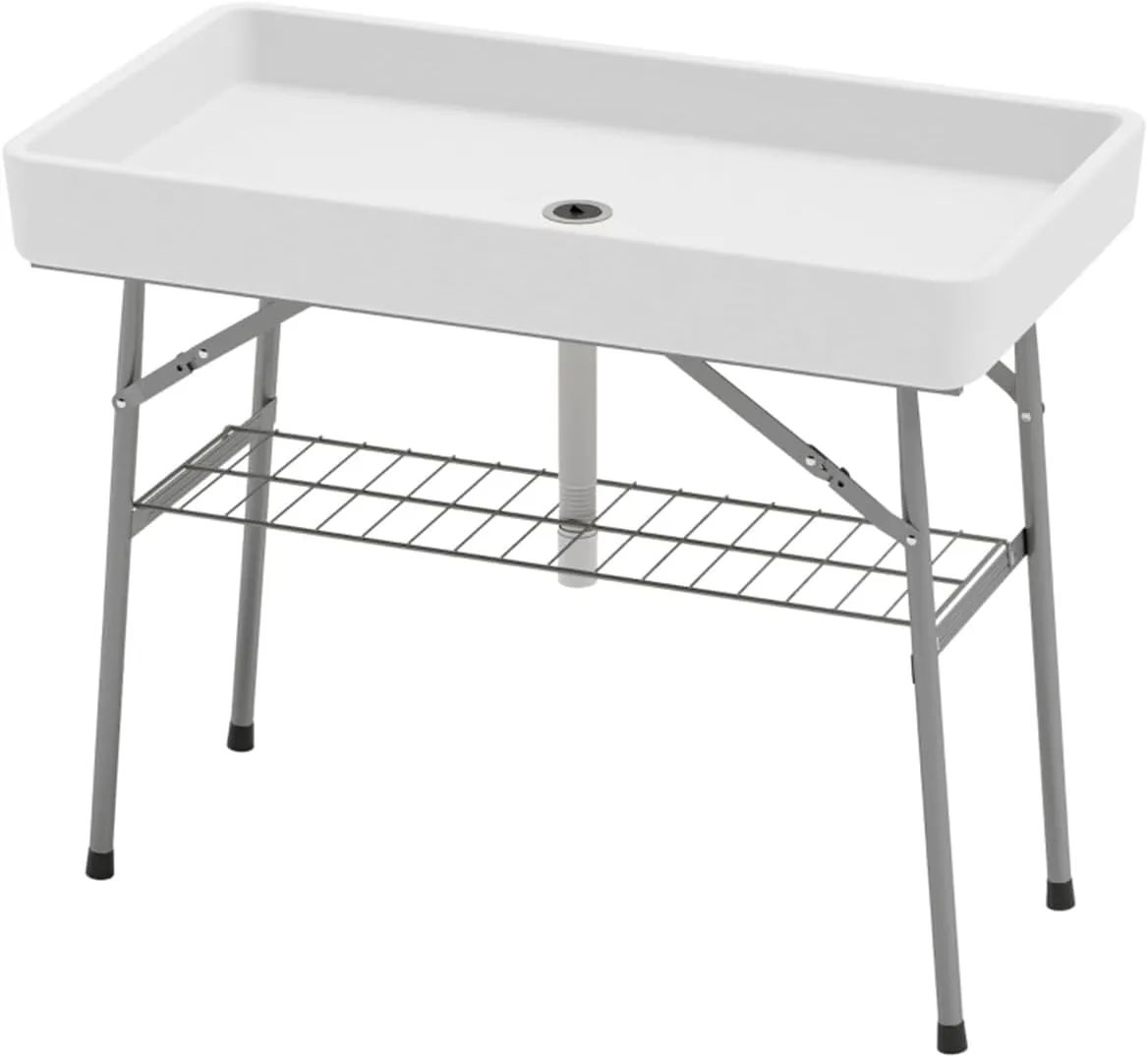 Portable Folding Ice Cooler Table with Built in Drain and Extra Storage Shelf Construction for Outdoor Parties Picnics Weddings Tailgates and Family Gatherings Easy to Transport and Store
