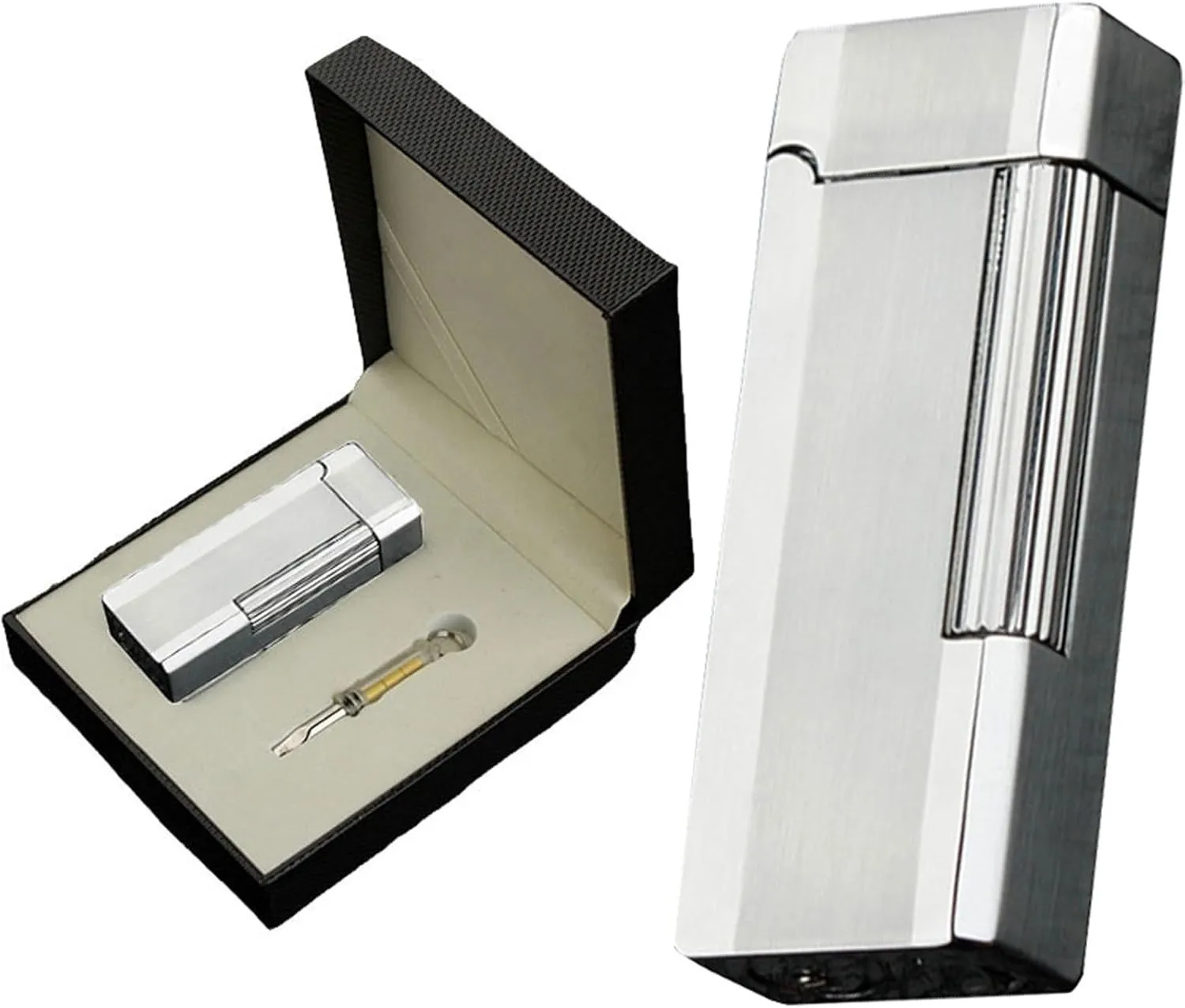 Portable Lighter (with Gift Box Butane Gas Refillable Soft Flame Lighter with Flints with Adjustable Flame Tool (Not Included Butane Gas)(Color:Silver)