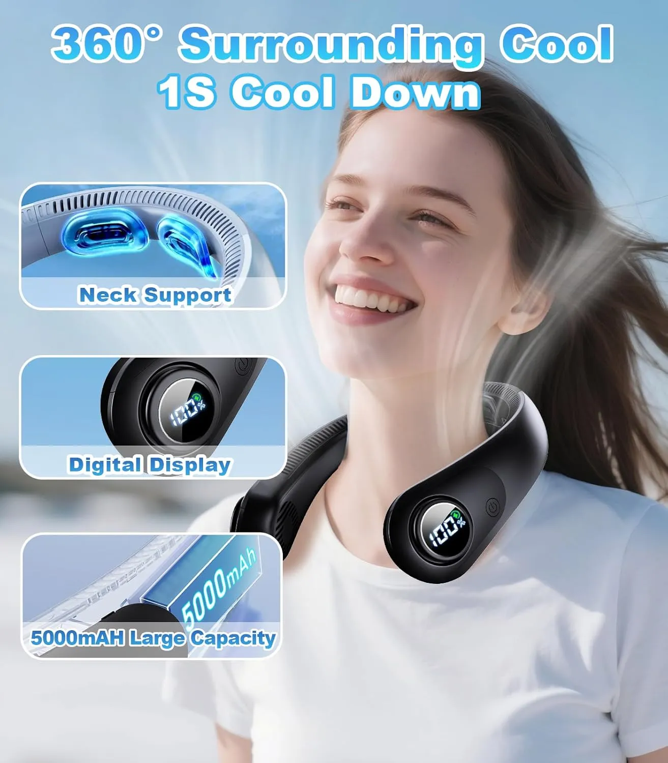 Portable Neck Fan With LED Display, Hands-free 5 Speeds Cooling, Neck Support, Lightweight, Battery Operated, Personal Bladeless Wearable Fan Rechargeable for Women/Men, Hot Flashes, Travel, Camping