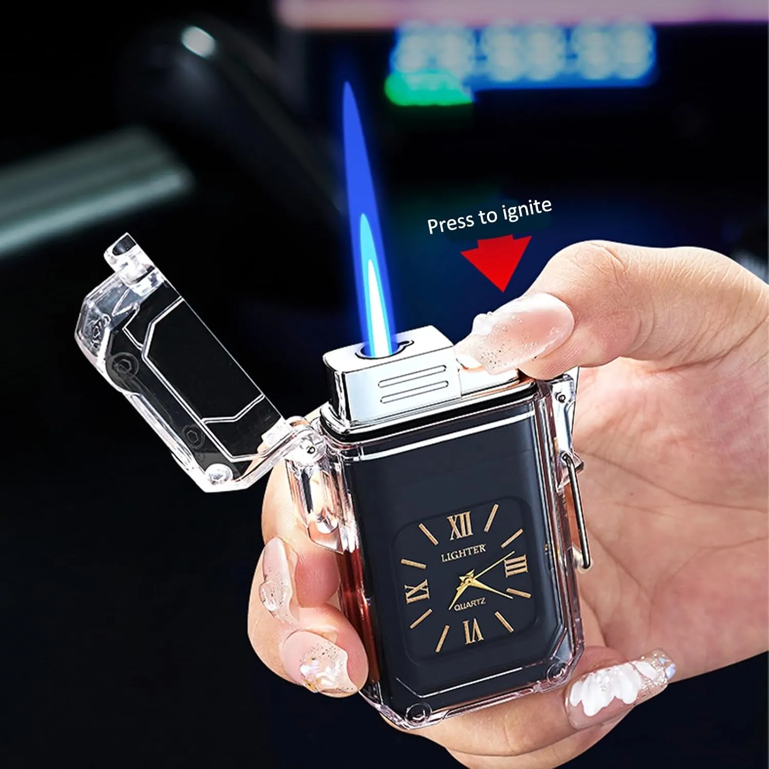 Portable Outdoor Lighter, Waterproof Lighter, Windproof Lighter, Butane Gas Blue Flame Lighter, Men's Gift(Black)