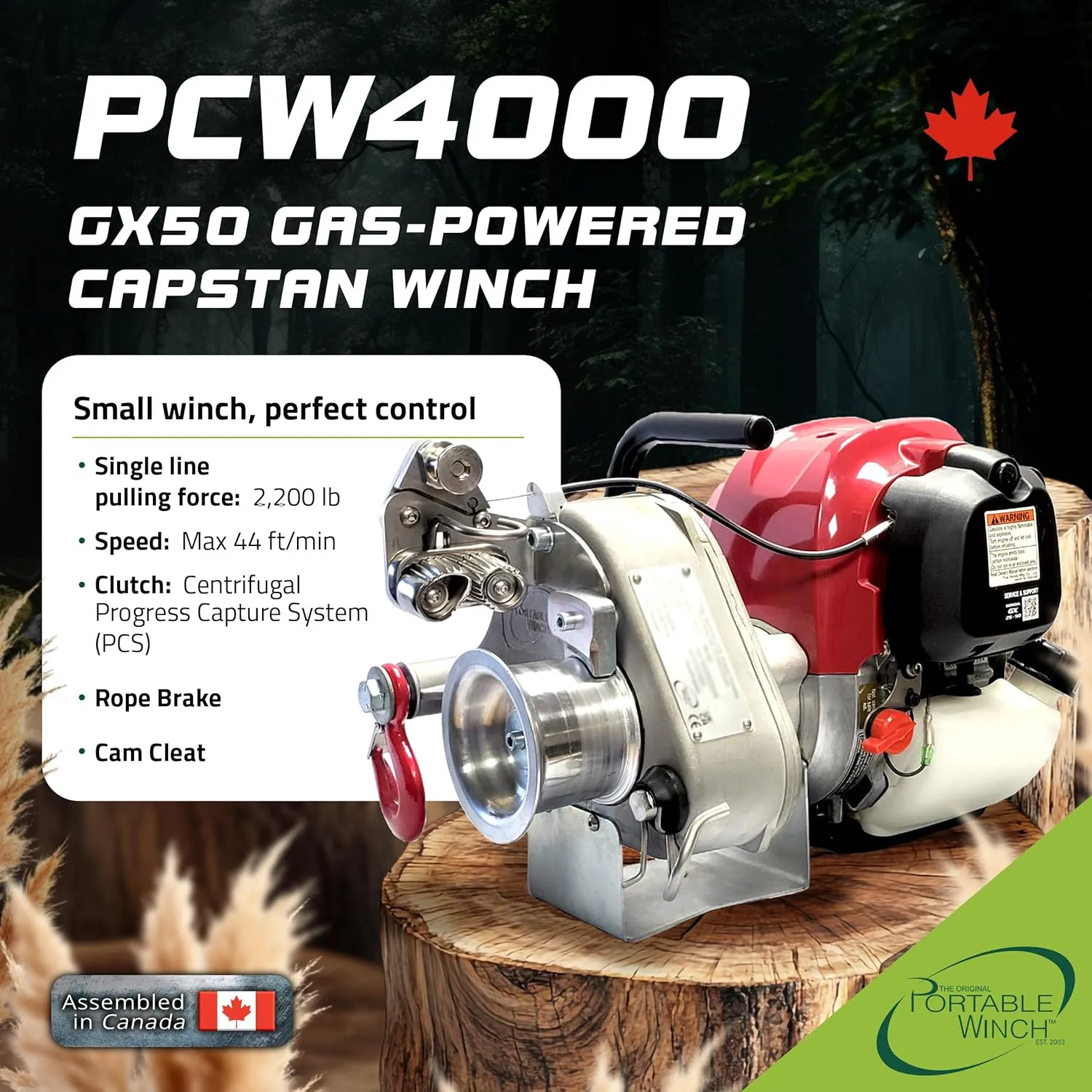 Portable Winch PCW4000-A Gas-Powered Capstan Winch with Accessories - 2,200 lbs Pulling Capacity Winch, Honda GX-50 Engine Portable Gas Winch for Hunting, Logging, and Towing
