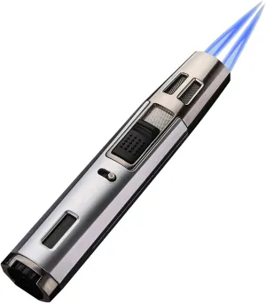Portable Windproof Lighter 2 Gas Lighter, Mini Outdoor Portable High Power Jet Flame Torch, Adjustable/Lockable Flame, Suitable for Wilderness, Indoor (Fuel Not Included)(Silver)