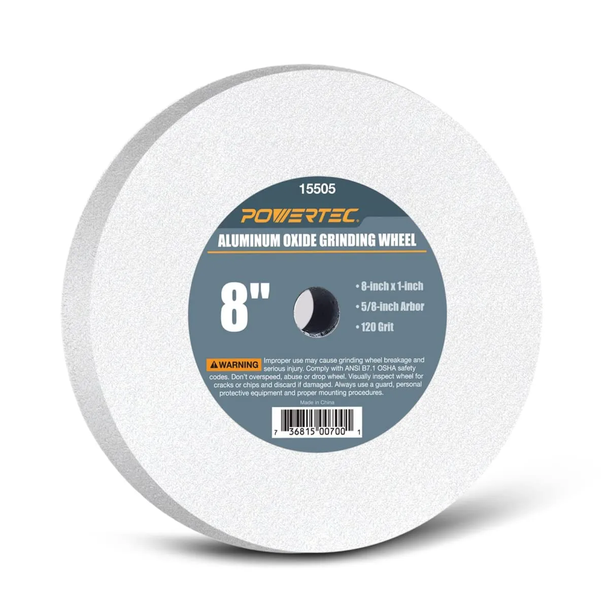 POWERTEC Bench Grinder Wheel 8 Inch 120 Grit, White Aluminum Oxide Grinding Wheel for Bench Pedestal Grinder, 1" Thick 5/8" Arbor, Sharpening & Shaping Drill Bits, Blade, and Chisel 1PK (15505)