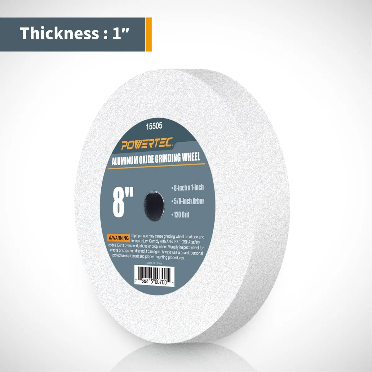 POWERTEC Bench Grinder Wheel 8 Inch 120 Grit, White Aluminum Oxide Grinding Wheel for Bench Pedestal Grinder, 1" Thick 5/8" Arbor, Sharpening & Shaping Drill Bits, Blade, and Chisel 1PK (15505)