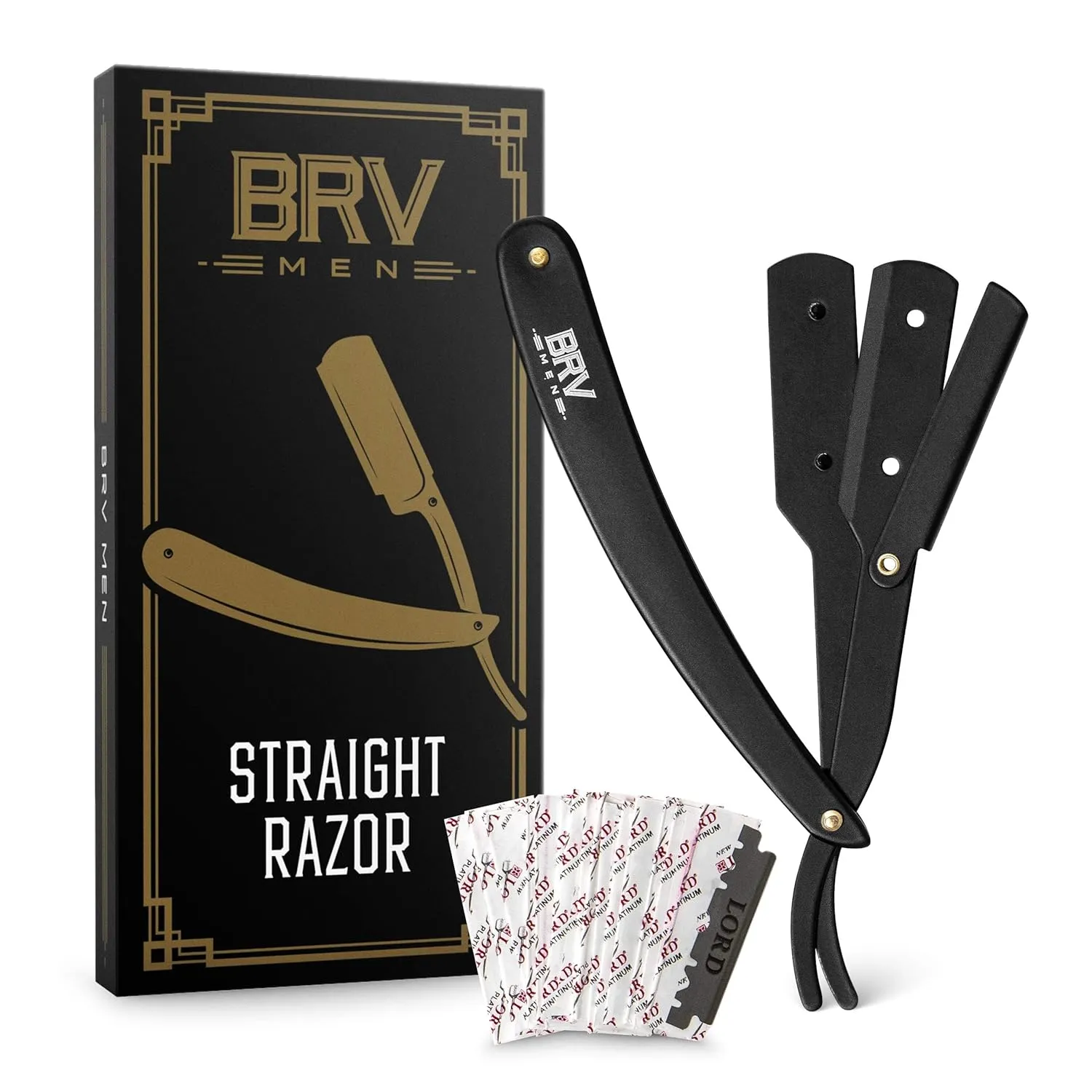 Professional Straight Edge Barber Razor w/ 100 Single Edge Razor Blades | Straight Razors for Men | Barbershop Accessories | Mens Shaving Knife & Shavette - Black