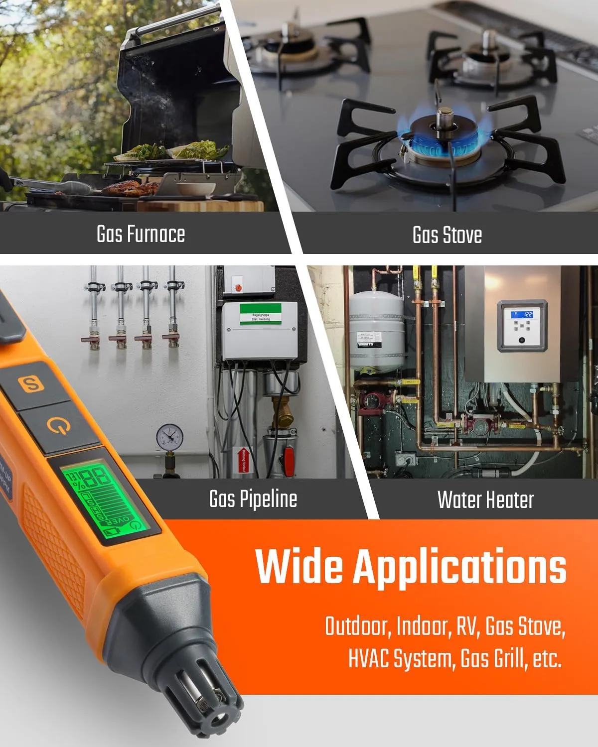 PT205 Natural Gas Detector with Audible & Visual Alarm, Gas Leak Detector with%LEL Value of Methane, Butane, Propane for Home, RV (Includes Batteryx2)-Orange
