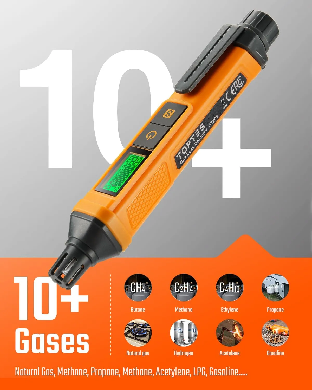 PT205 Natural Gas Detector with Audible & Visual Alarm, Gas Leak Detector with%LEL Value of Methane, Butane, Propane for Home, RV (Includes Batteryx2)-Orange