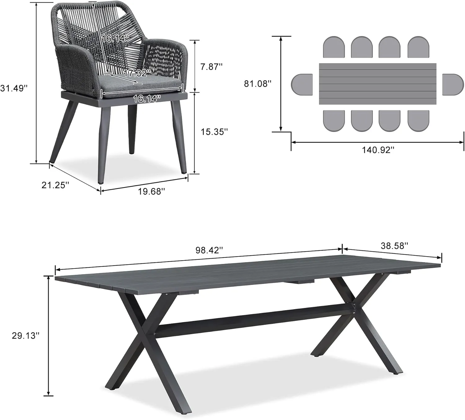 PURPLE LEAF 11 Pieces Outdoor Dining Set All-Weather PE Rattan Outdoor Patio Furniture Set with All Aluminum Frame Rectangular Table and Chairs Set for Lawn Garden Backyard Deck, Grey
