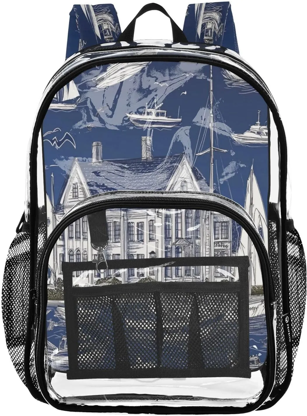 PVC Ship Ocean Blue Wharf Boys Girls School See Through Bag Clear Transparent Waterproof Backpack