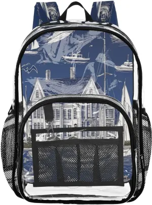 PVC Ship Ocean Blue Wharf Boys Girls School See Through Bag Clear Transparent Waterproof Backpack