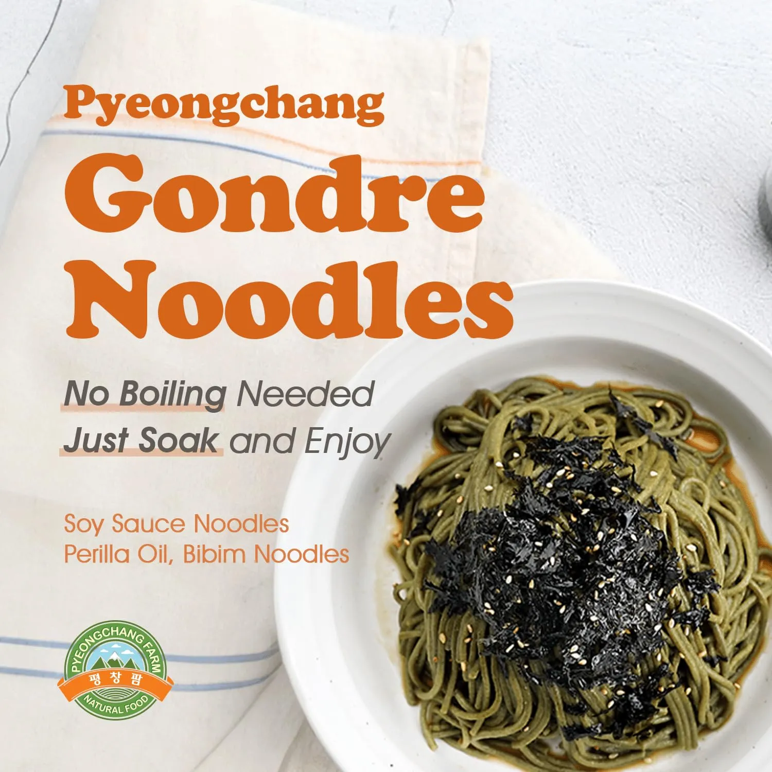 Pyeongchangfarm Natural Food Pyeongchang Gondre Noodles, Non fried Cold Noodle, Korean Food 곤드레국수 300g (10.58oz) - Soy Sauce