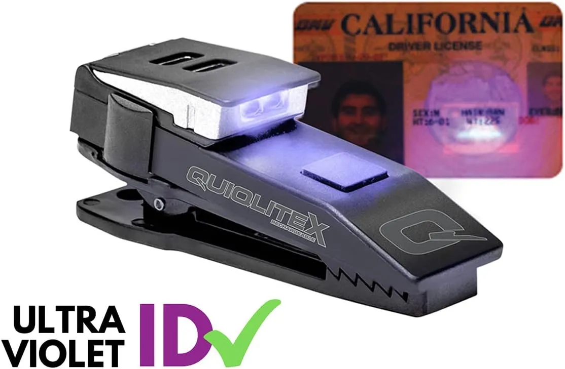 QUIQLITEX I.D. Check, Ultraviolet/White Hands-Free LED Pocket Light, Aluminum & Nylon Plastic Housing (USB Rechargeable)