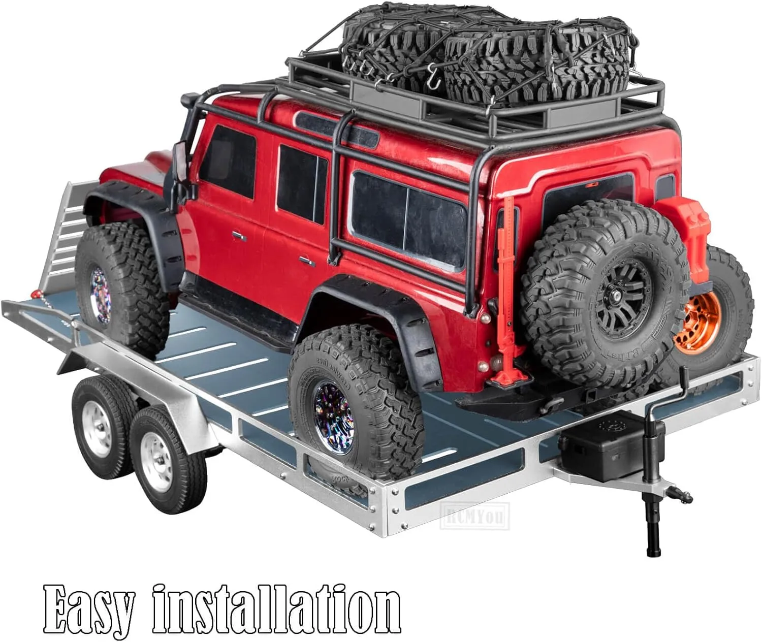 RC Trailer for 1/8 1/10 RC Crawler TRX4 TRX6 Redcat Scout II Gen8 Tamiya Axial Scx10 II D90 Wraith,Aluminum RC Heavy Duty Truck and RC Rock Cars Trailer with RC Trailer Hook Coupler,Titanium