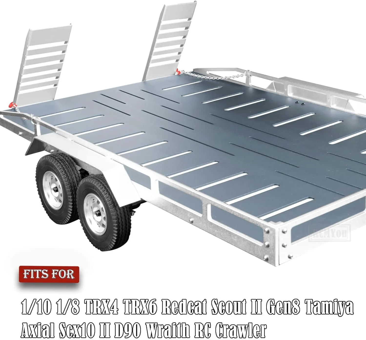 RC Trailer for 1/8 1/10 RC Crawler TRX4 TRX6 Redcat Scout II Gen8 Tamiya Axial Scx10 II D90 Wraith,Aluminum RC Heavy Duty Truck and RC Rock Cars Trailer with RC Trailer Hook Coupler,Titanium